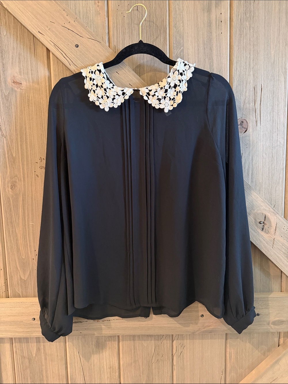 Xhilaration Black Blouse with White Crochet Peter Pan Collar
